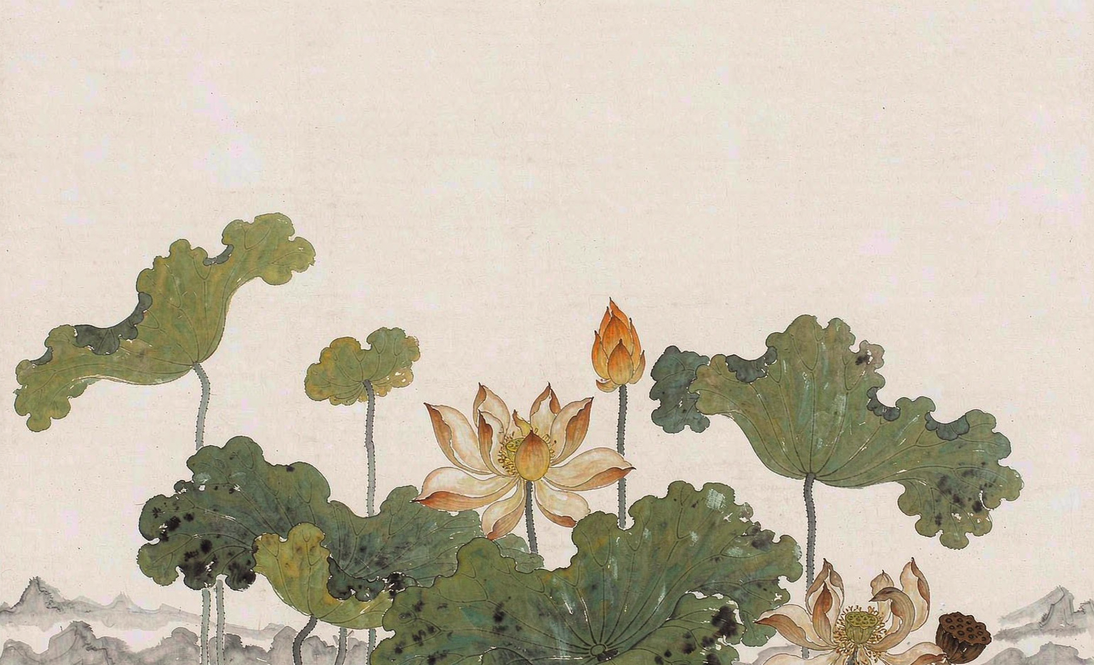 lotus pond at the end of summer with morning mist, Chinese ink-wash style