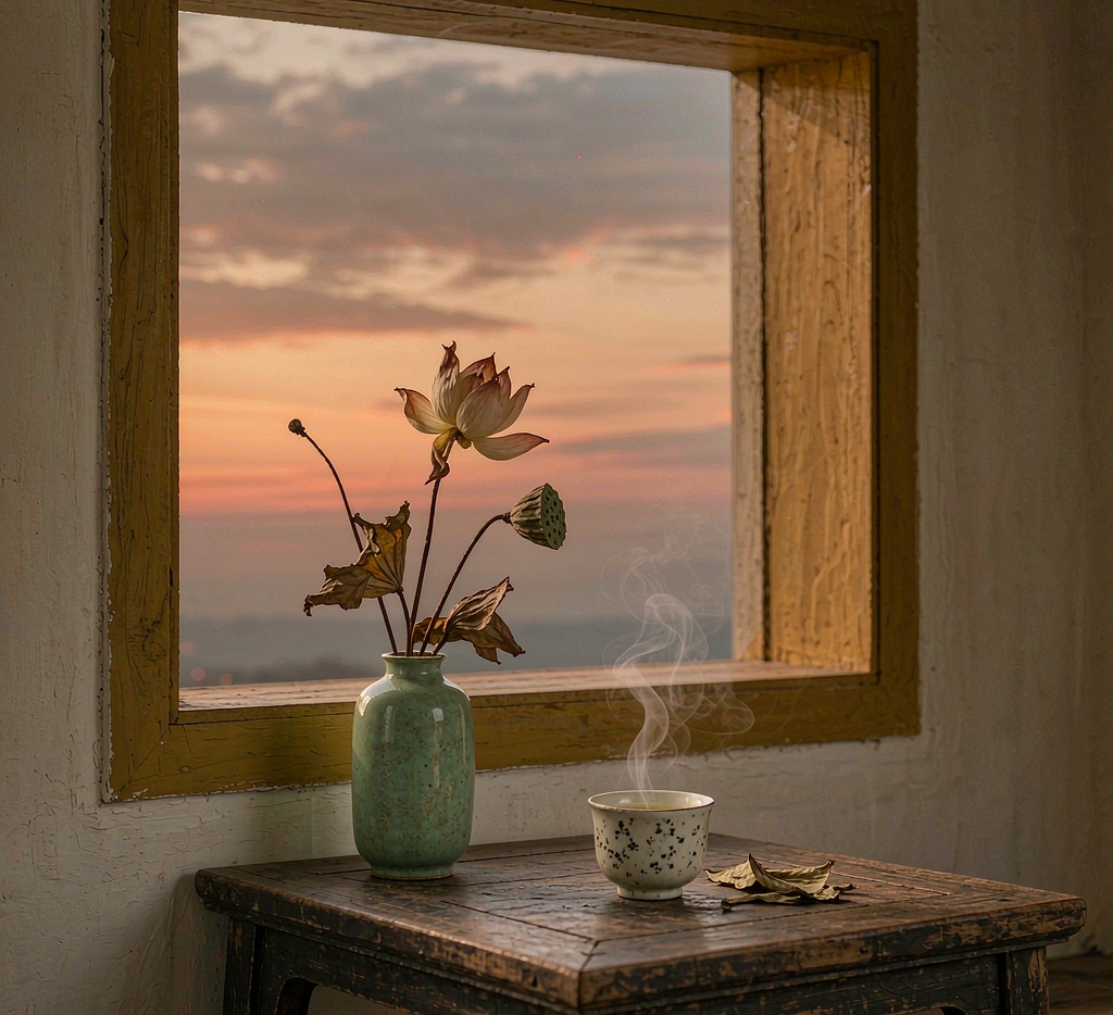warm herbal tea by a window at dusk as summer gives way to autumn