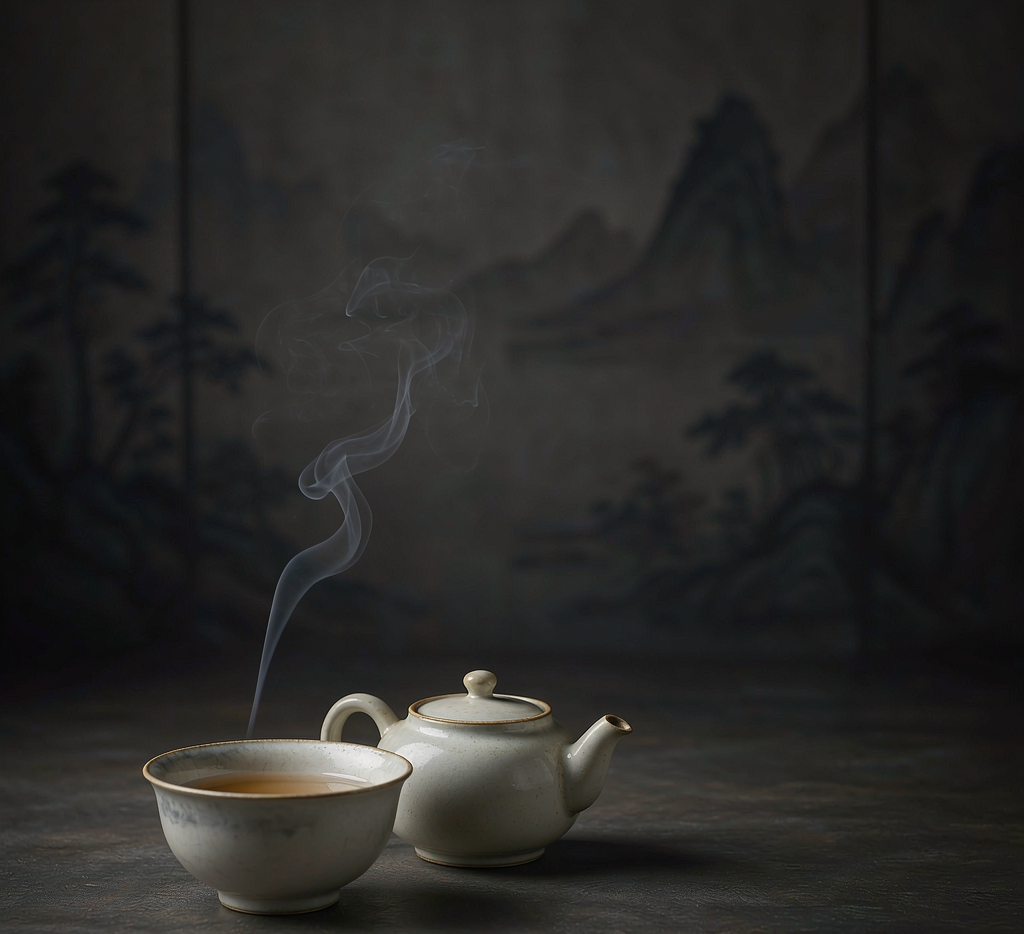 a quiet cup of tea with a single incense stick on a still evening