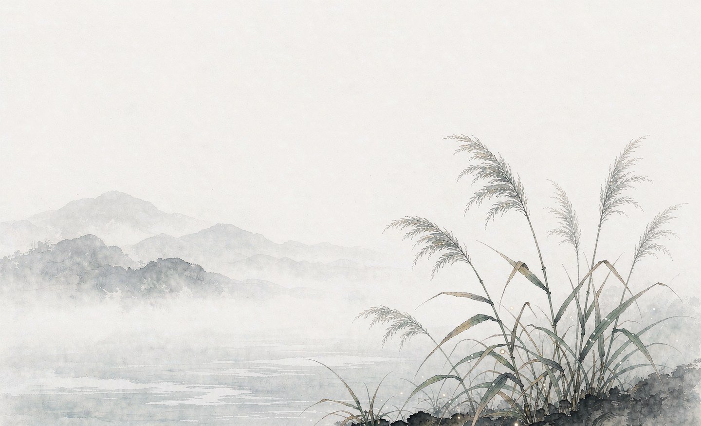 reeds at dawn with morning dew on the river, Chinese ink-wash style