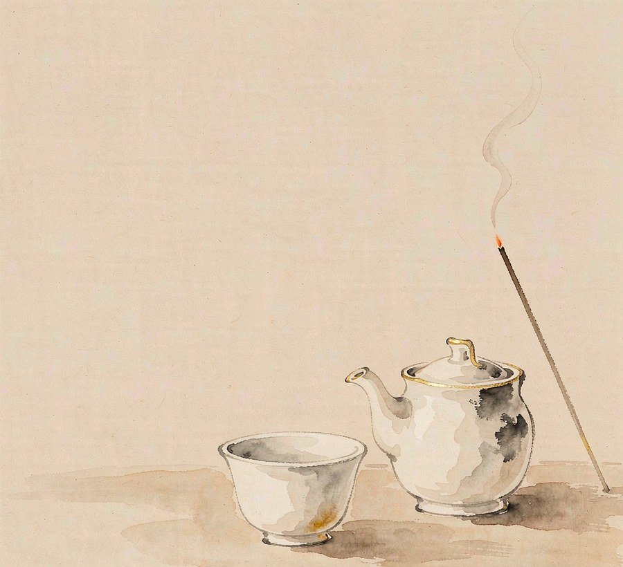 autumn tea cup with a single incense stick on a quiet morning
