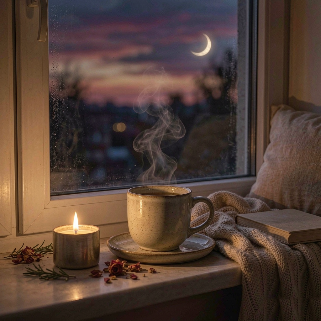 A cozy nighttime windowsill with a steaming cup of tea and candlelight