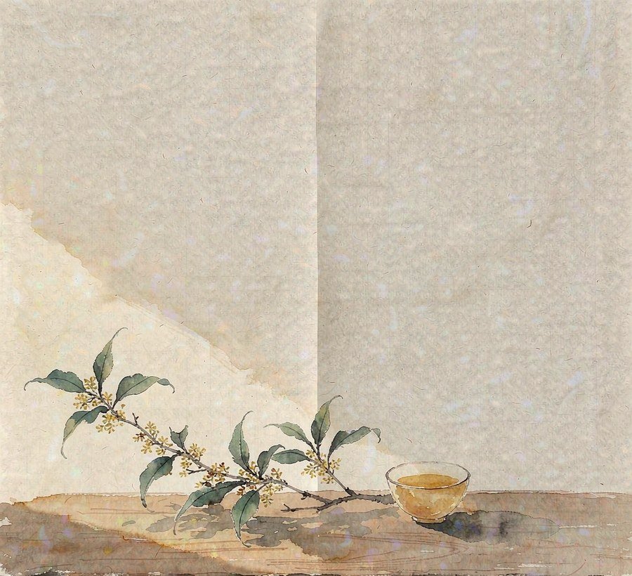 osmanthus branch and a cup of herbal tea in autumn light, Chinese ink-wash style