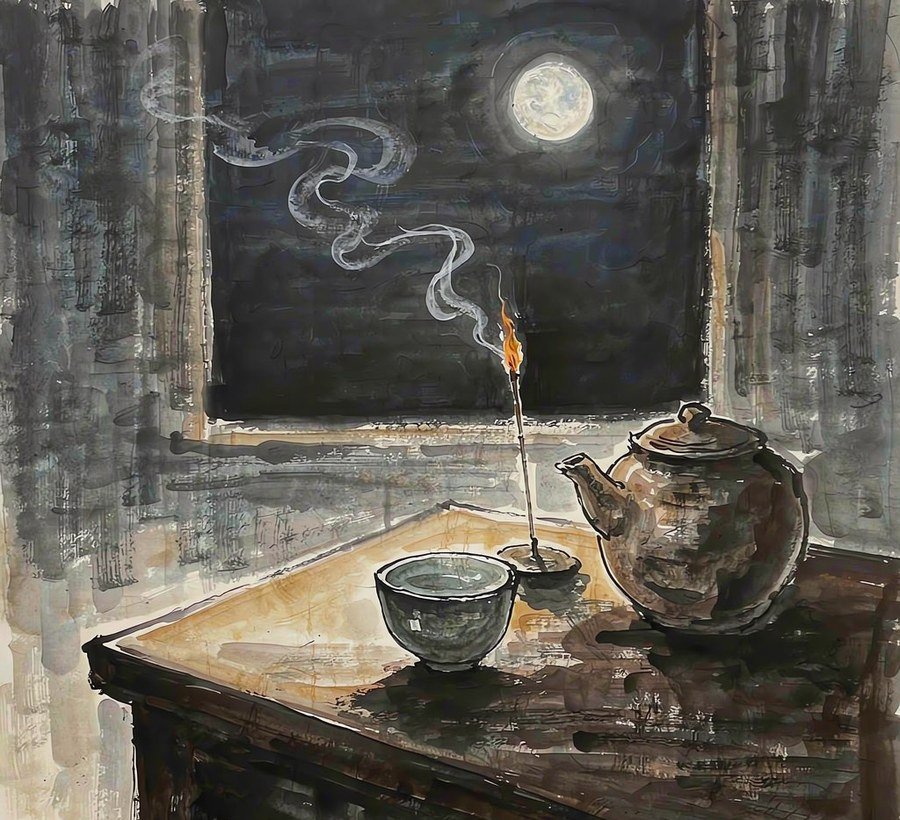 incense stick and a cup of tea on a quiet autumn evening table, Chinese ink-wash style