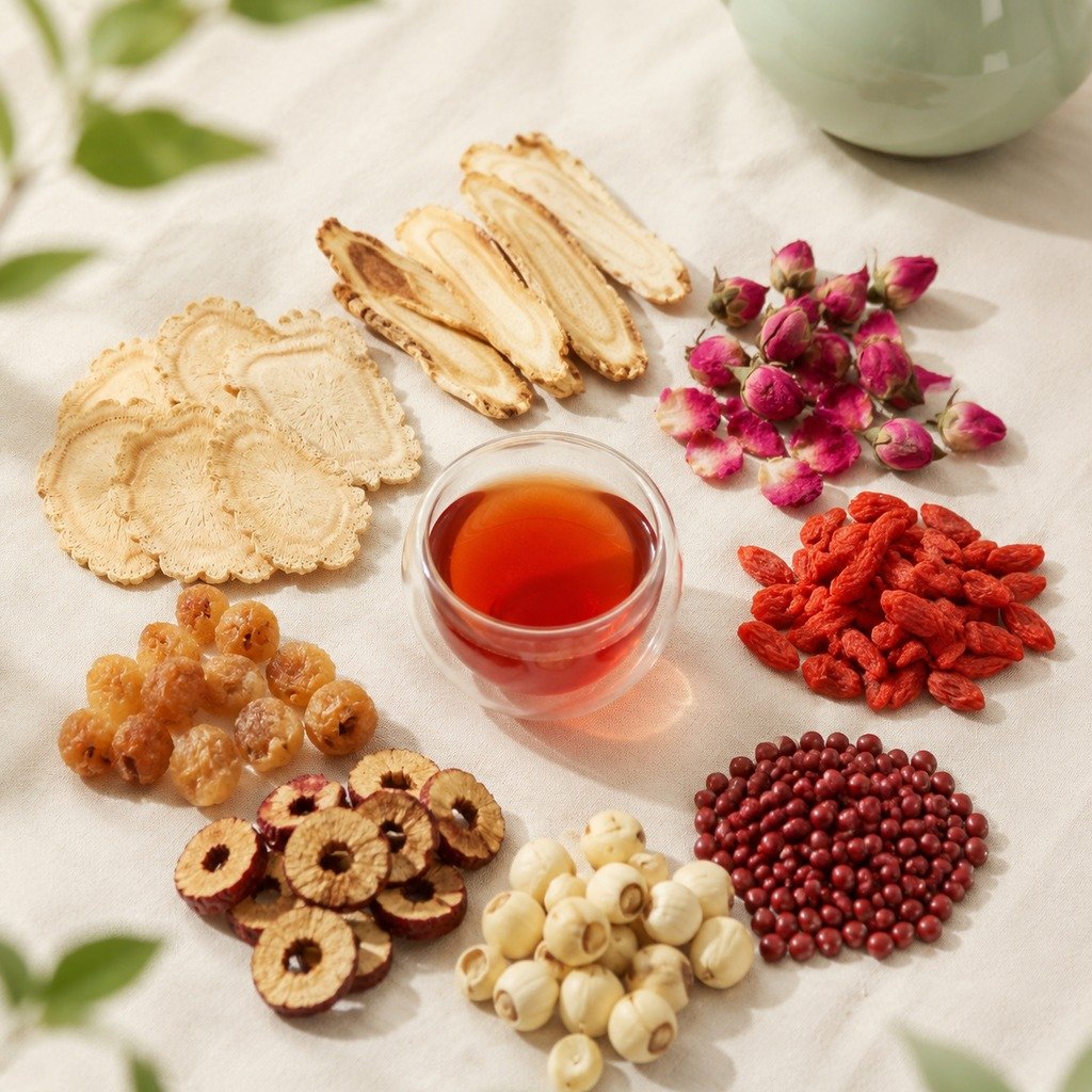 Dried red ginseng root pieces used in LUMÉ evening blends