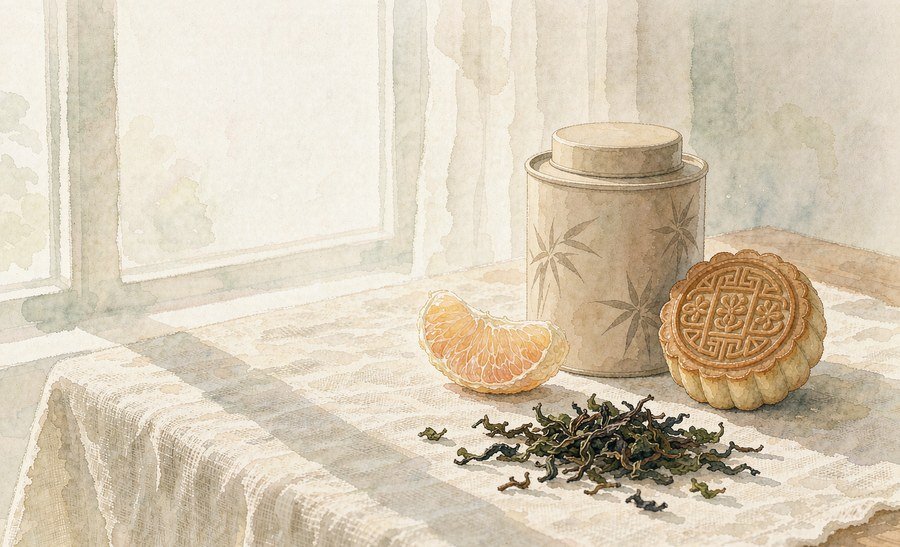 mooncakes, pomelo and loose leaf tea on a cream linen table