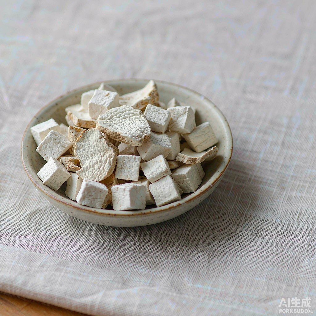 Photograph of dried Poria cocos (Fu Ling) cubes — pale, firm, irregular white fungus chunks as used in tea and decoction