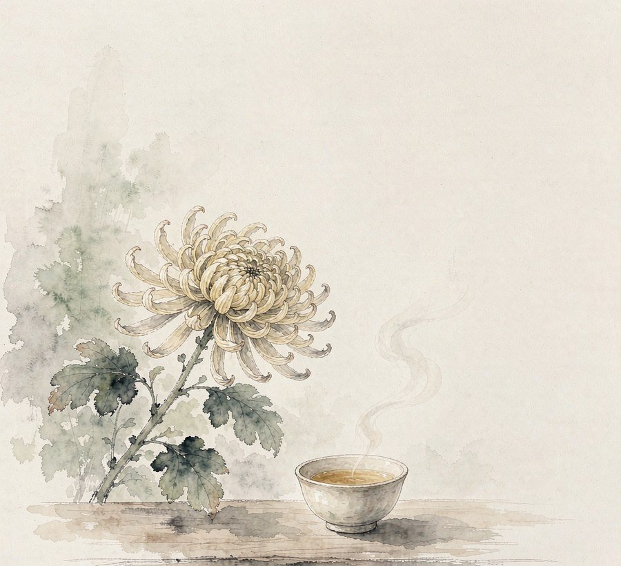chrysanthemum in bloom beside a cup of herbal tea, Chinese ink-wash style