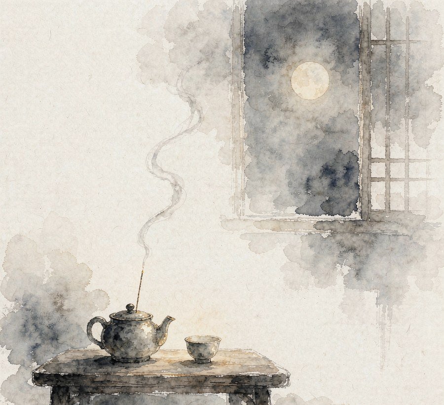 tea cup and a lit incense stick at night with thin smoke by the window, Chinese ink-wash style