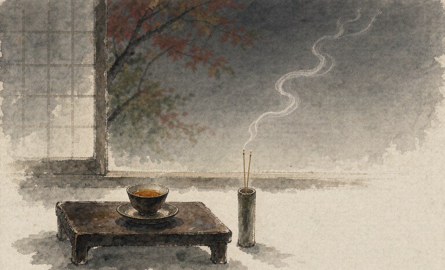 tea cup and a lit incense stick at dusk beside a window with red autumn leaves, Chinese ink-wash style